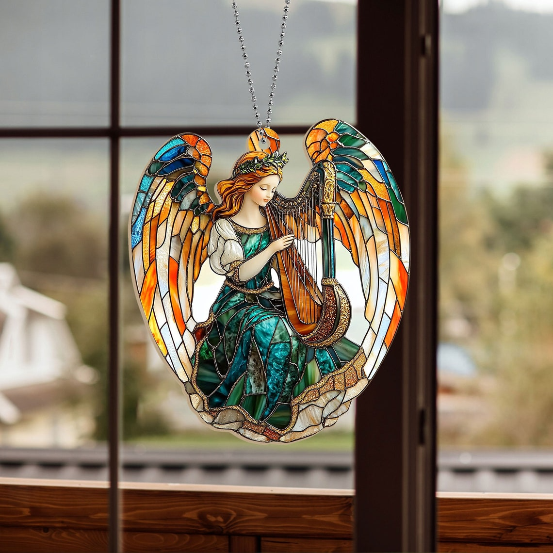 Christmas Winged Angel With Harp Suncatcher, Angel With Harp Hanging Ornament Home Decor