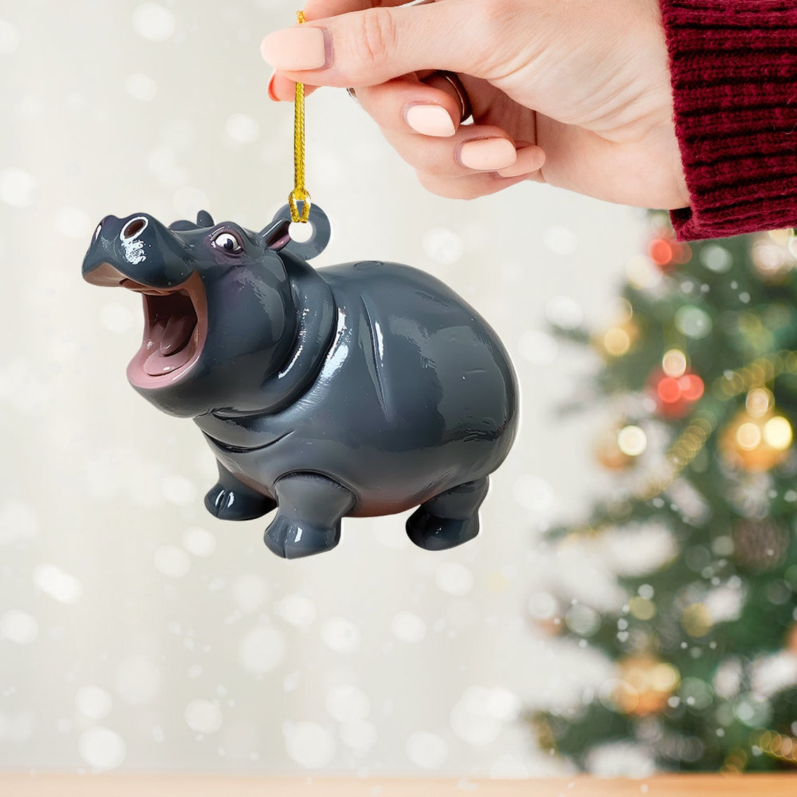 Christmas Baby Hippo Hanging Ornament Gift, Pygmy Hippo Funny Christmas Ornament Decor Holiday