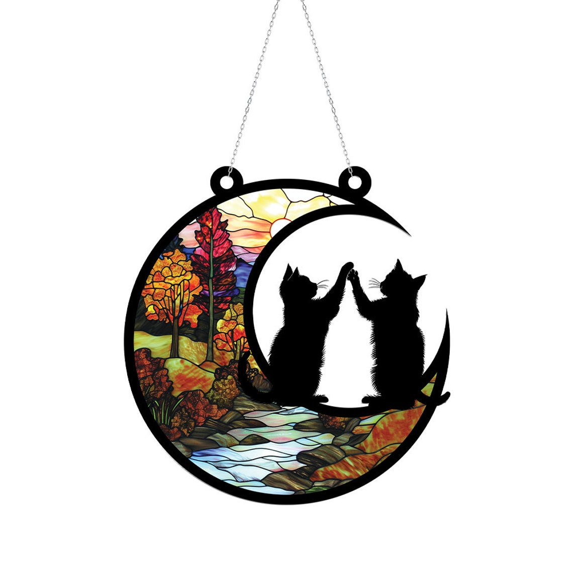 Cats Playing on Moon Suncatcher, Cats Playing on Moon Hanging Ornament Decor Gift