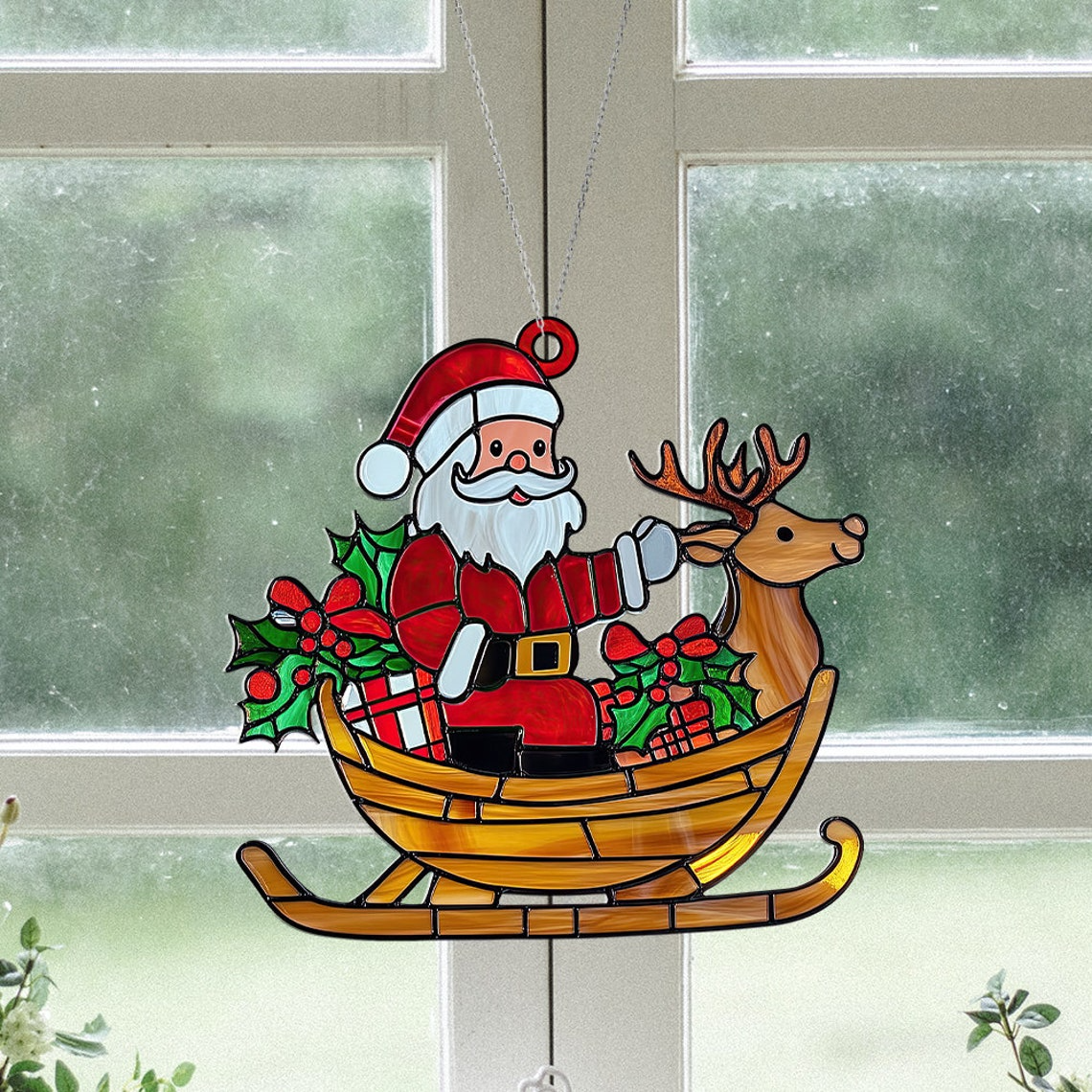 Santa Claus Hanging Christmas Suncatcher, Santa Sleigh Suncatcher Ornament