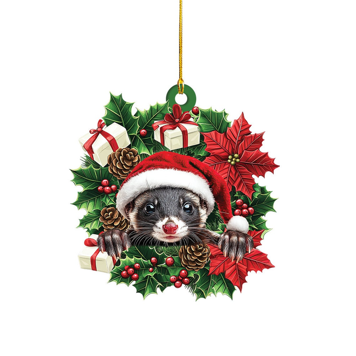 Cute Ferret Christmas Wreath Ornament Decor, Ferret Hanging Christmas Decor Ornament Gift