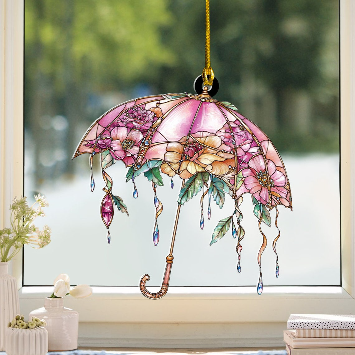 Floral Umbrella Hanging Suncatcher Ornament, Cute Floral Umbrella Hanging Decor