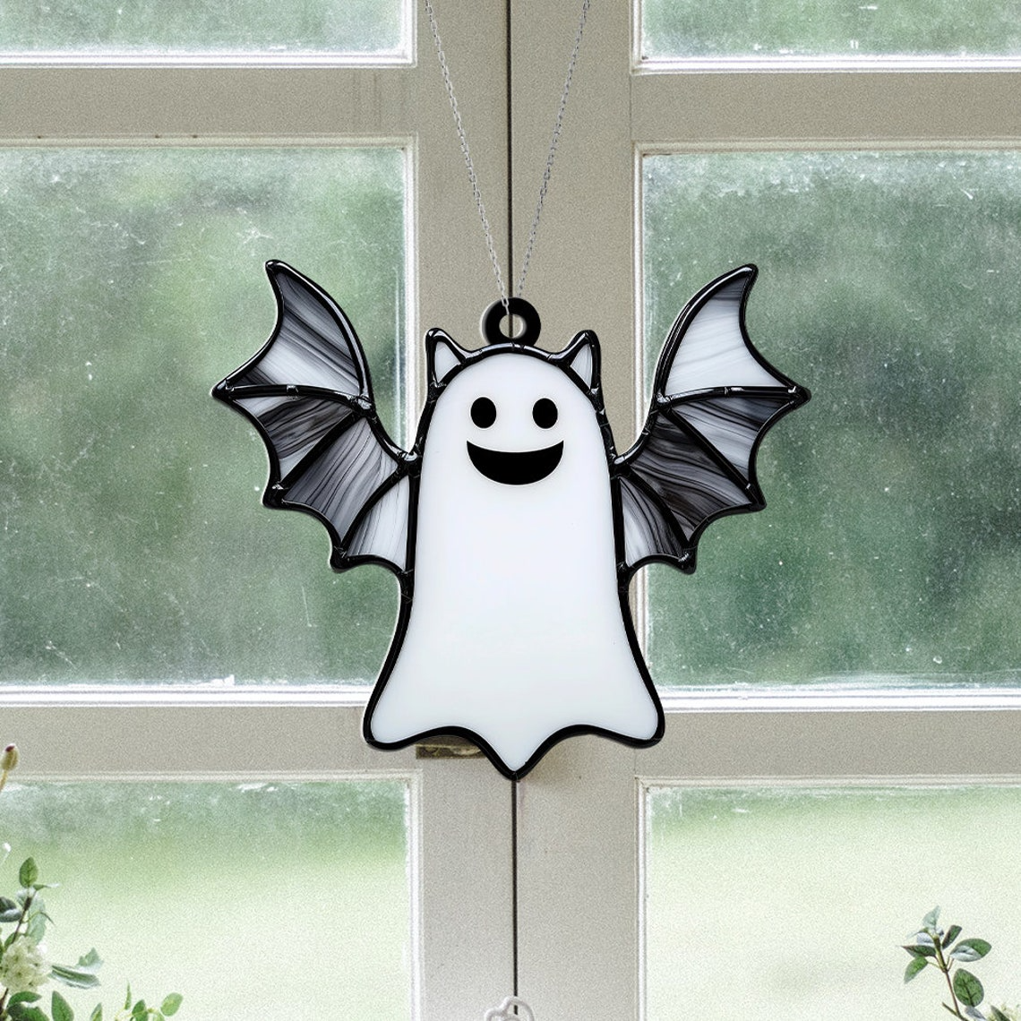 Ghost Bat Flying Halloween Window Suncatcher Decor, Halloween Bat Boo Ornament