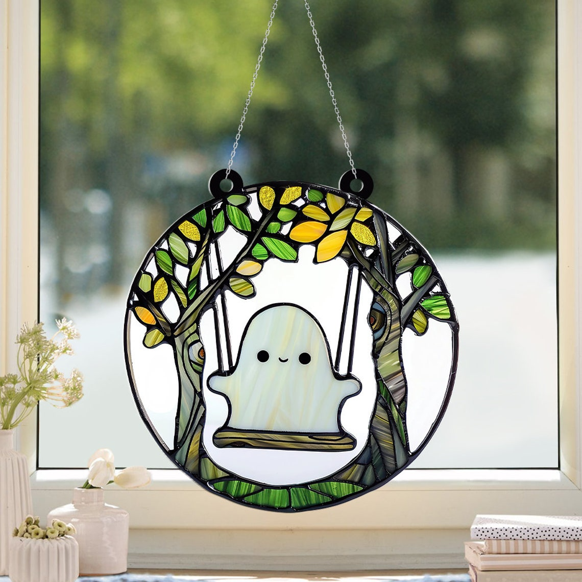 Funny Ghost Halloween Window Suncatcher Ornament, Classic Ghost Hanging Ornament