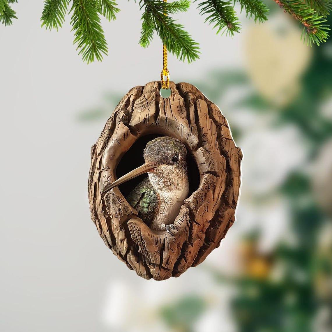 Hummingbird Flat Christmas Ornament, Bird in a Hallow Tree Hanging Christmas Ornament