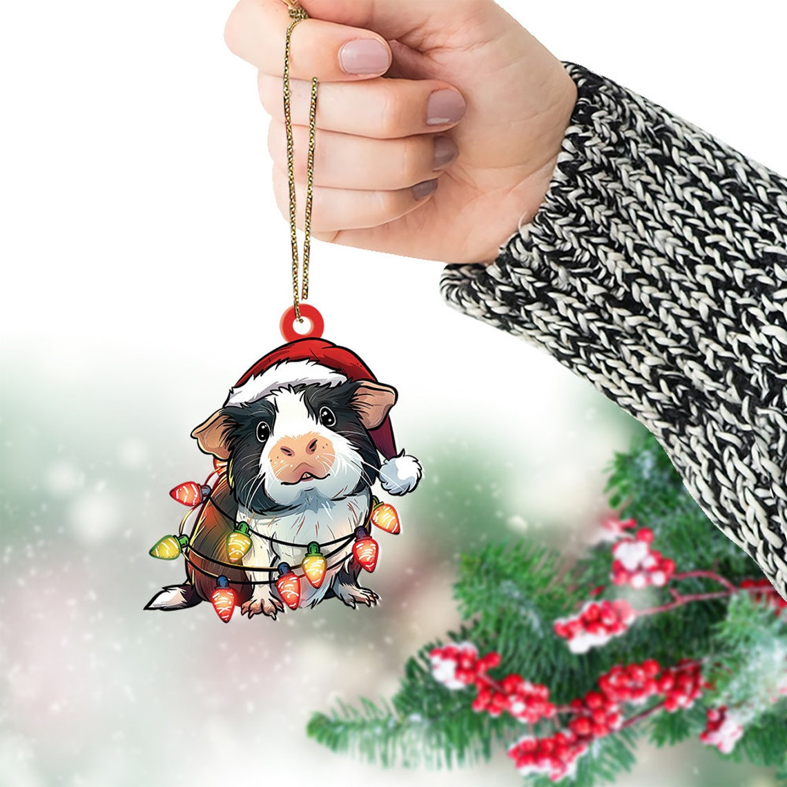 Guinea Pig Hanging Christmas Lights Ornament, Guinea Pig Wearing Hat Santa Christmas Ornament Gift