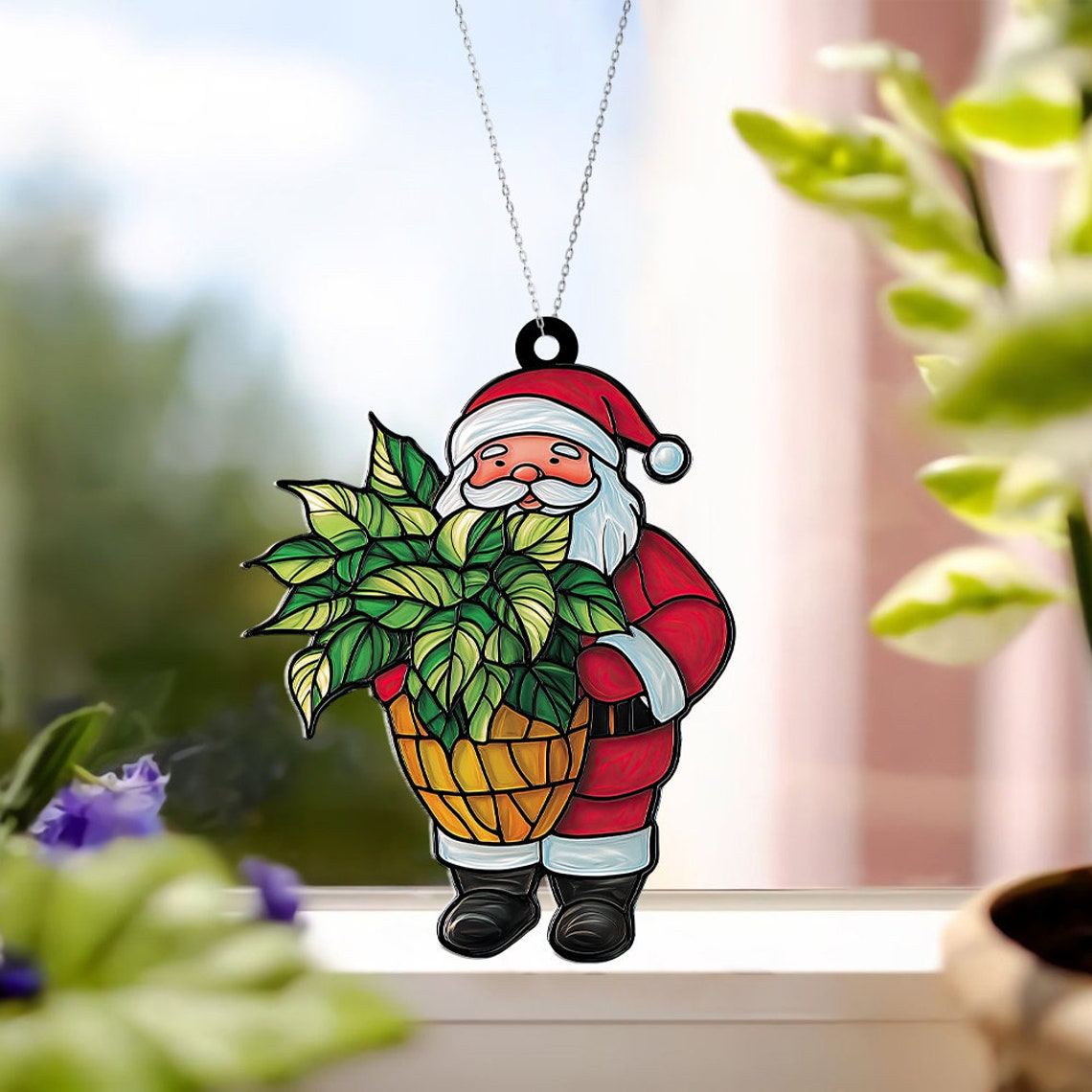 Santa with Plant Tree Suncatcher Ornament, Santa Monstera Christmas Suncatcher