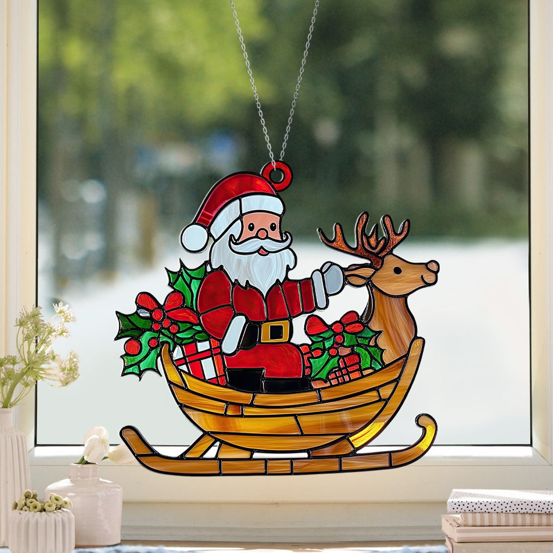 Santa Claus Hanging Christmas Suncatcher, Santa Sleigh Suncatcher Ornament