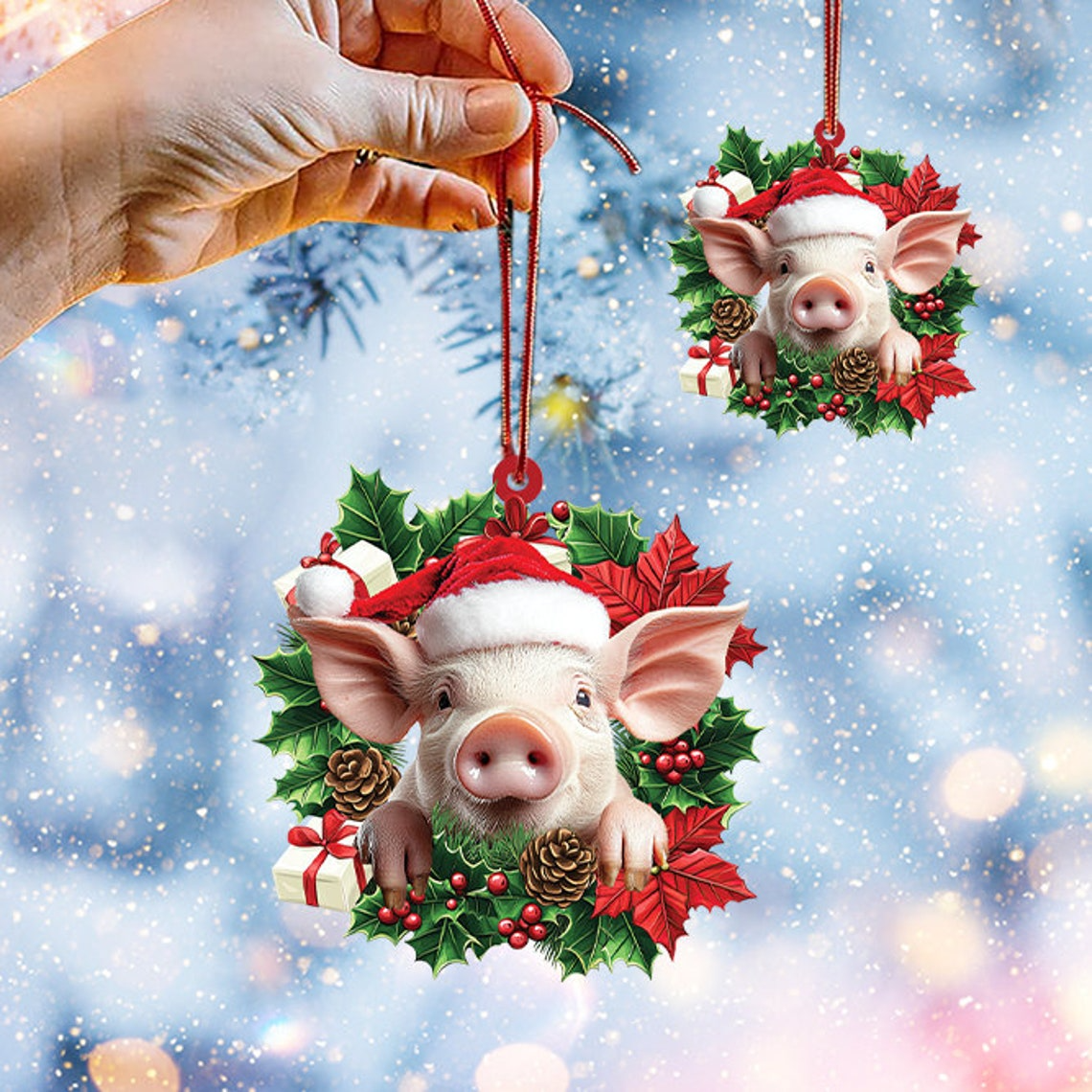 Cute Pig Hanging Christmas Wreath Ornament, Pig Christmas Tree Ornament Decor Gift