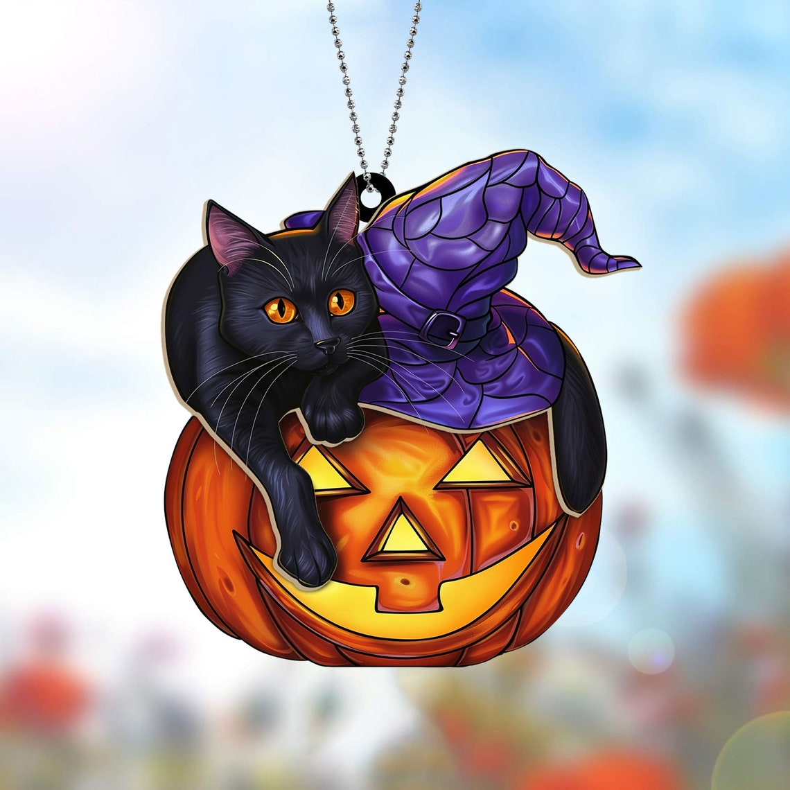 Cat Pumpkin Hat Witchy Suncatcher Ornament, Halloween Cat Pumpkin Ornament