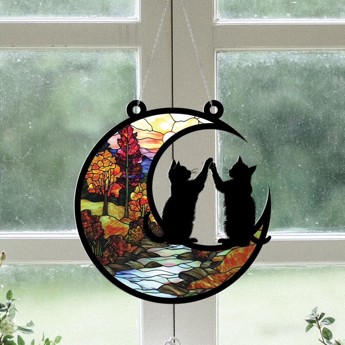 Cats Playing on Moon Suncatcher, Cats Playing on Moon Hanging Ornament Decor Gift