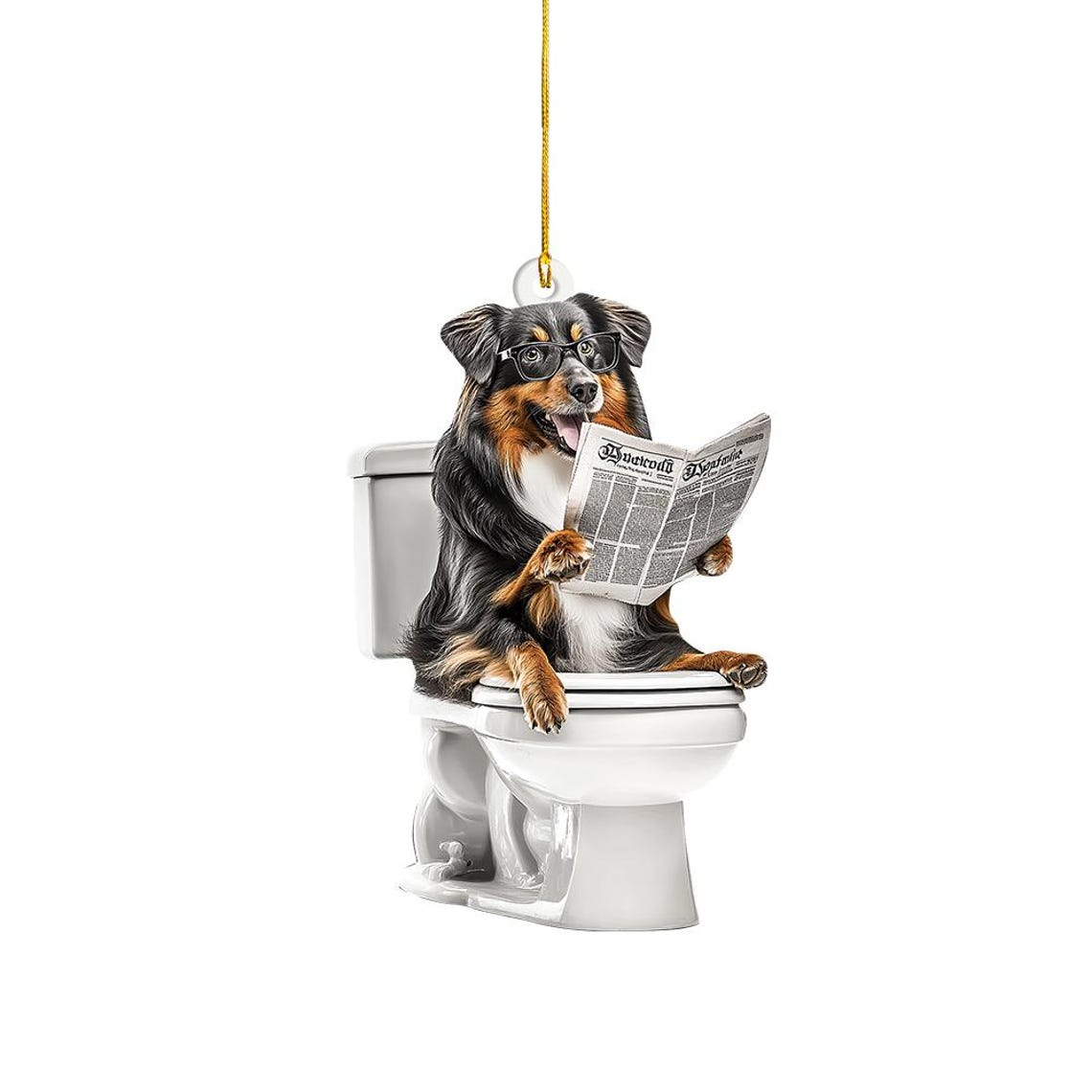 Shetland Sheepdog Sitting On Toilet Ornament, Cute Dog Reading Newspaper Ornament