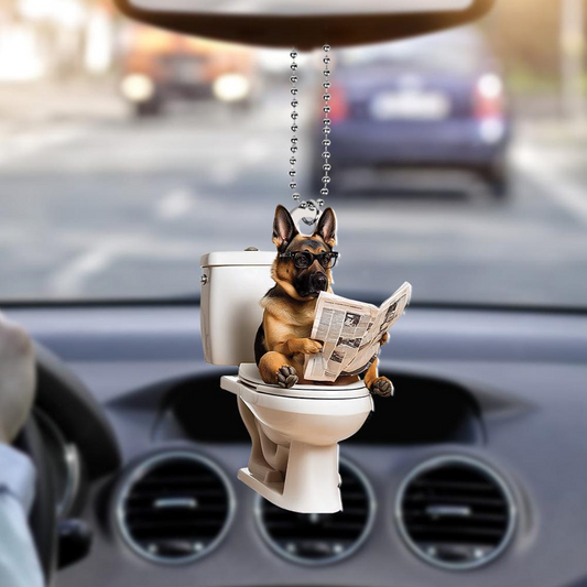 Belgian Malinois Dog Sitting On Toilet Ornament, Funny Dog Reading Newspaper Ornament