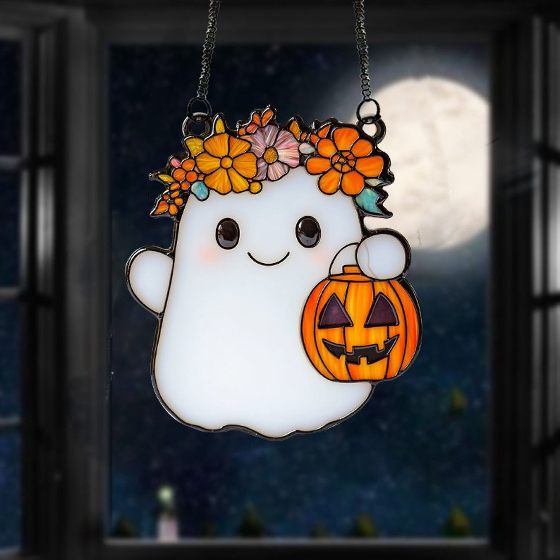 Cute Ghost With Floral Crown Suncatcher, Halloween Ghost Hanging Ornament Decor