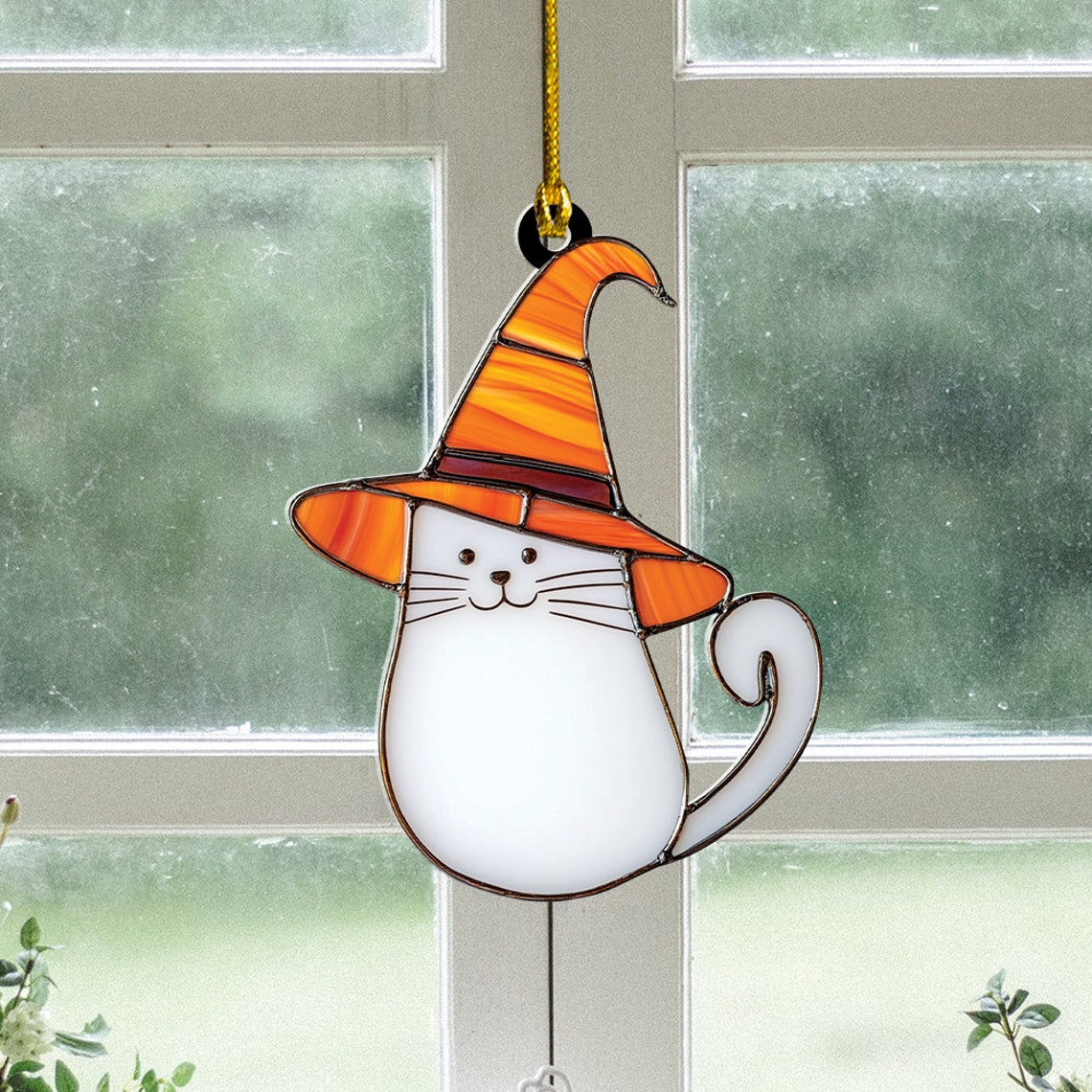 Cute Ghost Cat Halloween Suncatcher, Cute Ghost Cat Window Hanging Decor