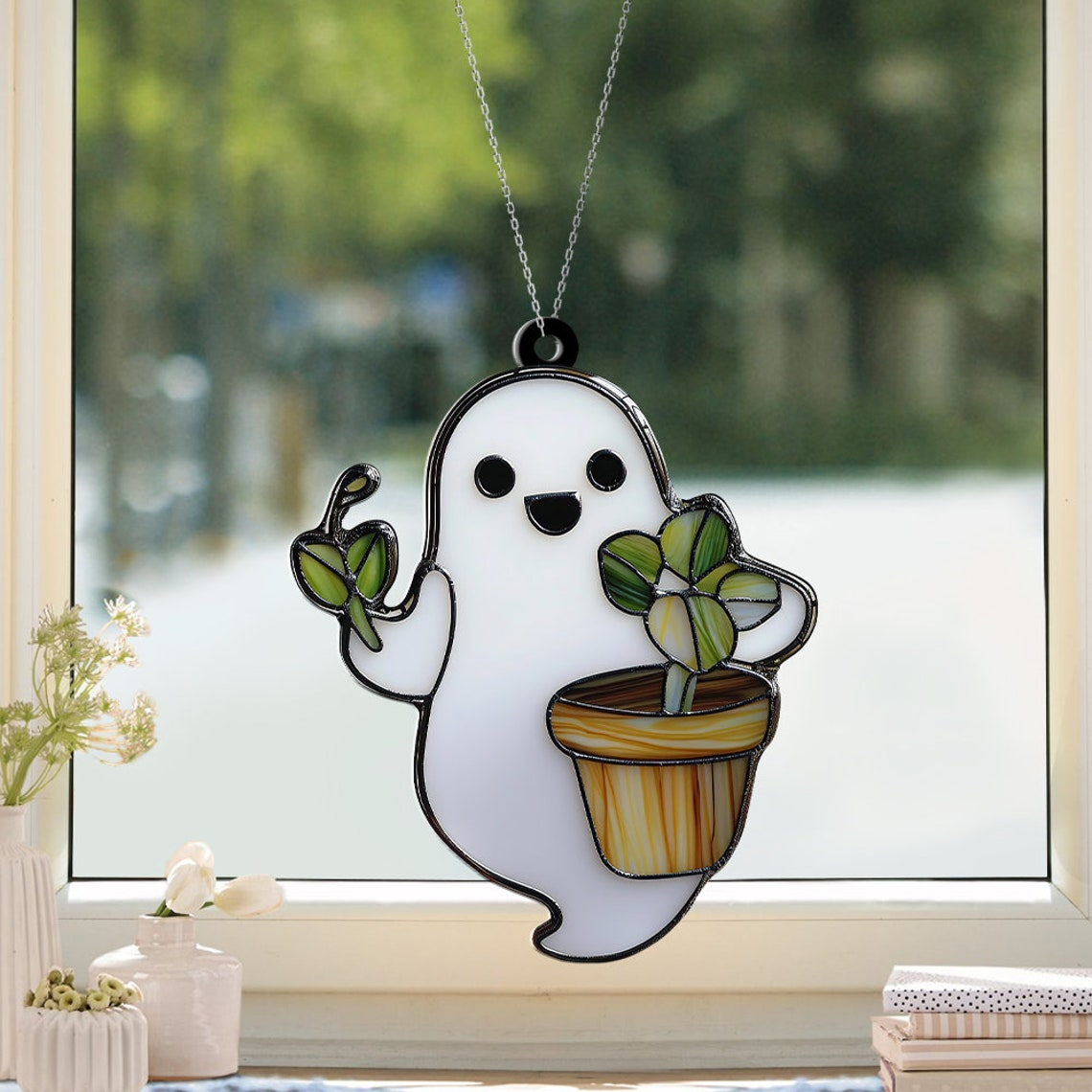 Ghost Plant Tree Window Suncatcher Ornament, Cute Ghost Gardening Ornament Decor