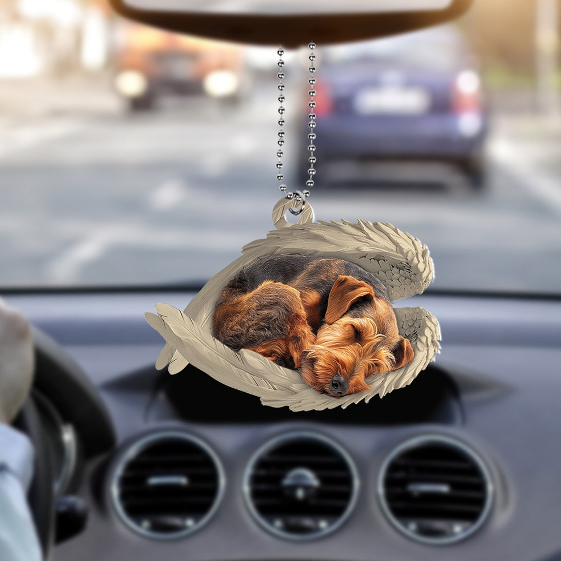 Airedale Terrier Dog Sleeping Angel Wings Ornament, Christmas Terrier Dog Car Hanging Ornament