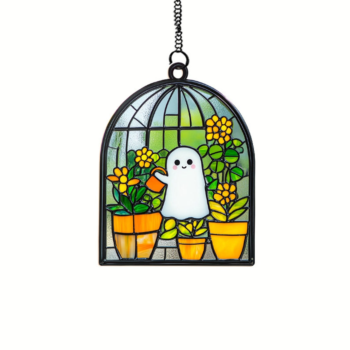 Cute Ghost at Greenhouse Water the Plants Suncatcher, Cute Ghost Hanging Decor