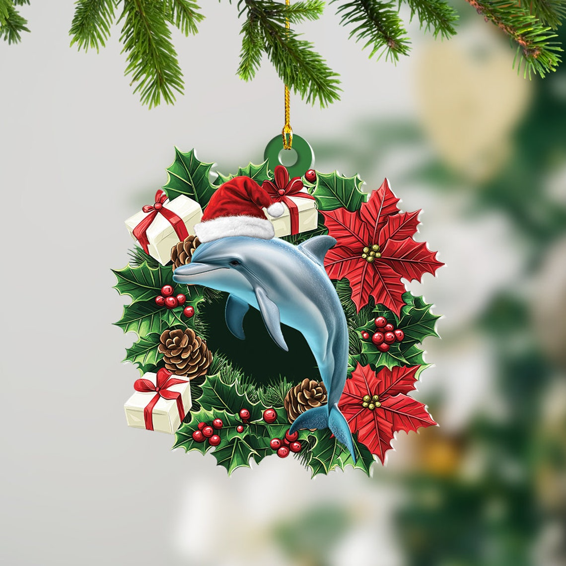 Cute Dolphin Christmas Wreath Ornament, Ornament Christmas Dolphin Hanging Decor Gift