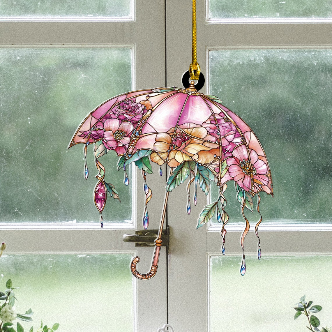 Floral Umbrella Hanging Suncatcher Ornament, Cute Floral Umbrella Hanging Decor