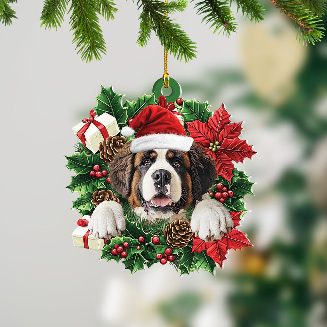 St. Bernard Dog Christmas Wreath Ornament, Cute Saint Bernard Dog Christmas Ornament Decor