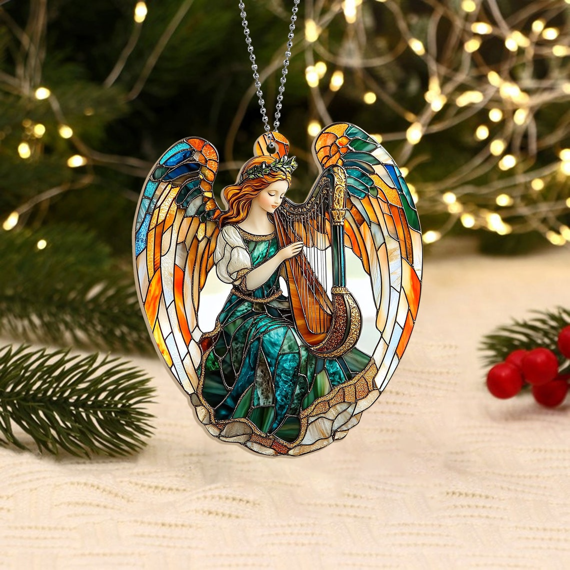 Christmas Winged Angel With Harp Suncatcher, Angel With Harp Hanging Ornament Home Decor