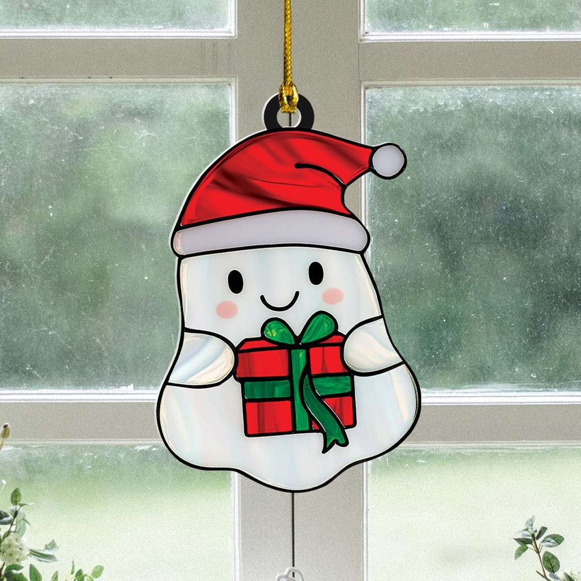 Christmas Santa Ghost Hanging Suncatcher, Cute Ghost Christmas Ornament Decor