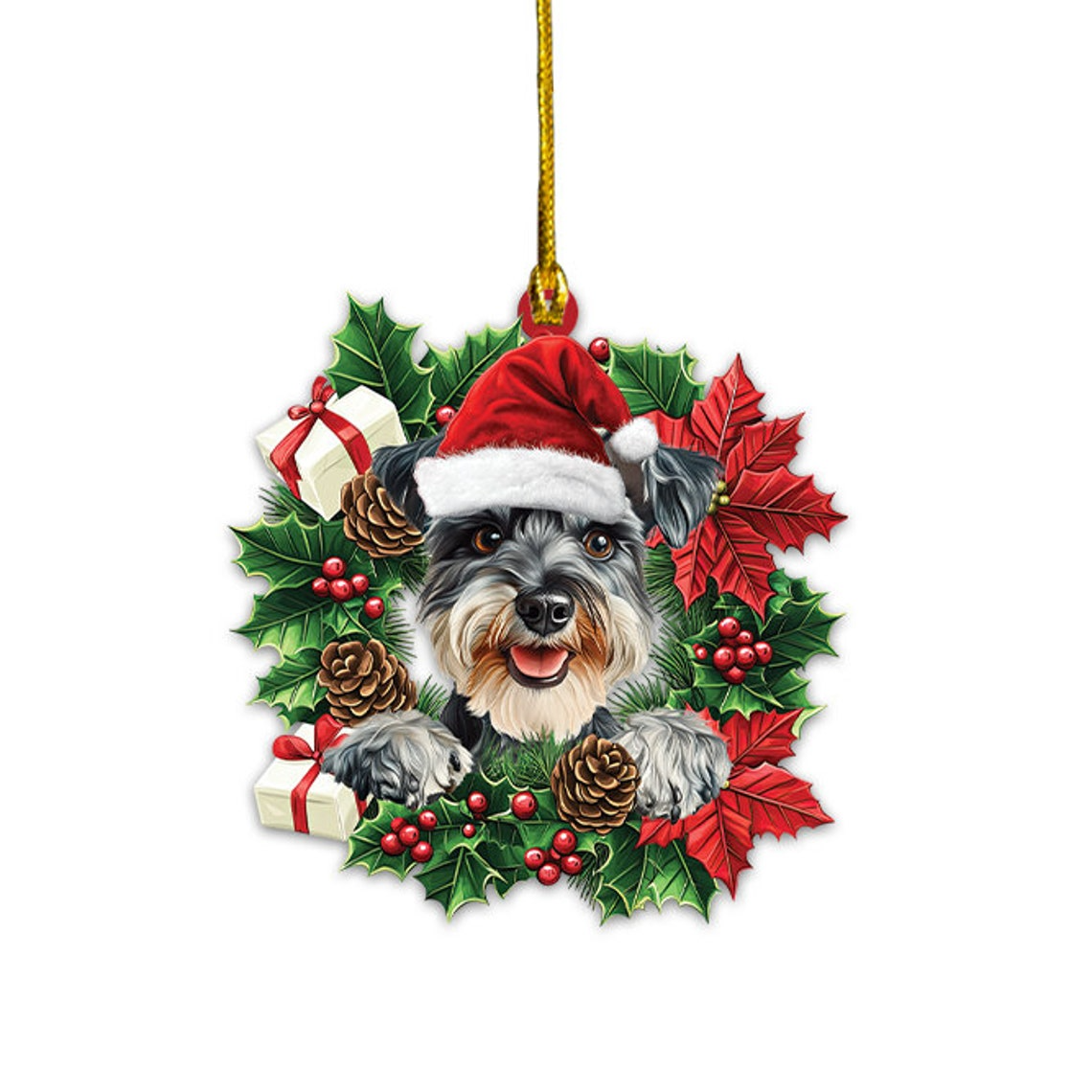 Miniature Schnauzer Dog Christmas Wreath Ornament, Schnauzer Dog Car Decor Holiday Gift