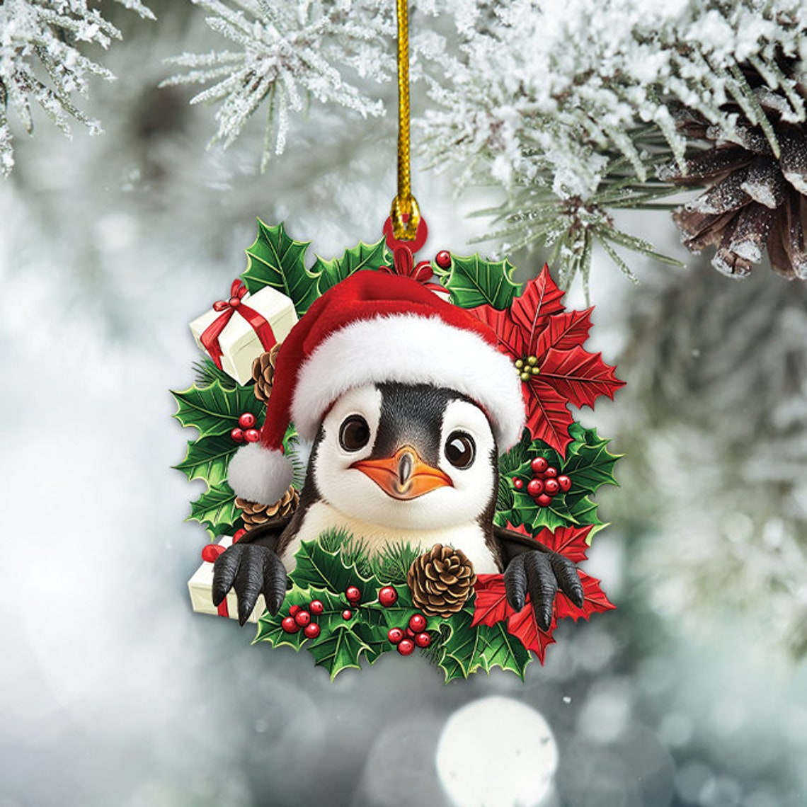 Penguin Car Christmas Wreath Ornament, Penguin Hanging Christmas Tree Decor Ornament