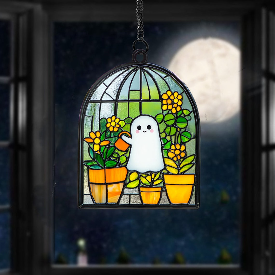 Cute Ghost at Greenhouse Water the Plants Suncatcher, Cute Ghost Hanging Decor