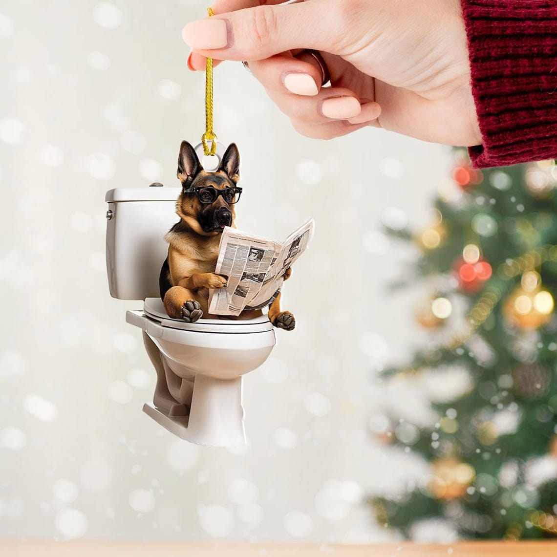 Belgian Malinois Dog Sitting On Toilet Ornament, Funny Dog Reading Newspaper Ornament