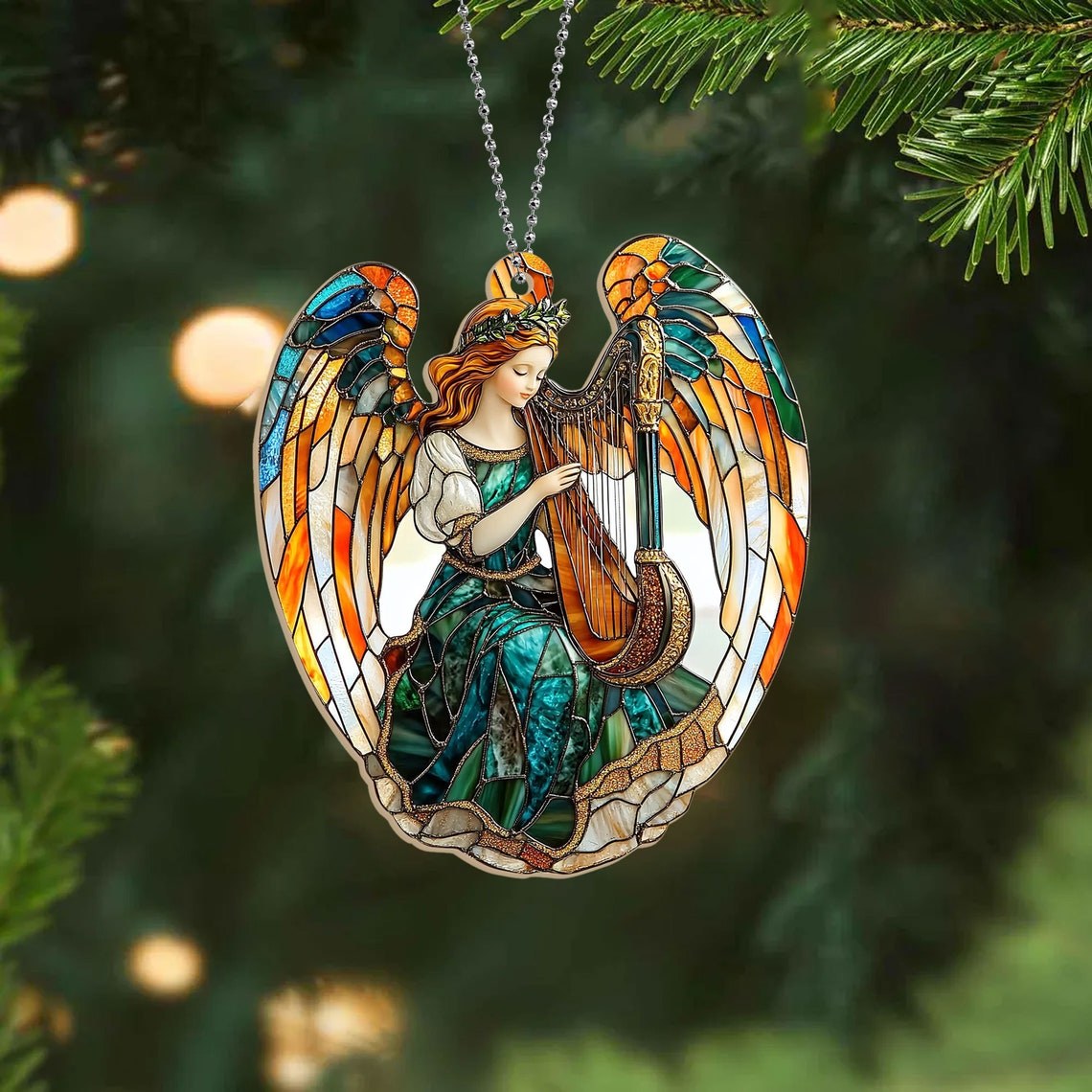 Christmas Winged Angel With Harp Suncatcher, Angel With Harp Hanging Ornament Home Decor