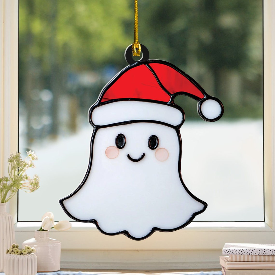 Funny Ghost With Santa Hat Halloween Suncatcher, Cute Ghost Hanging Ornament Decor