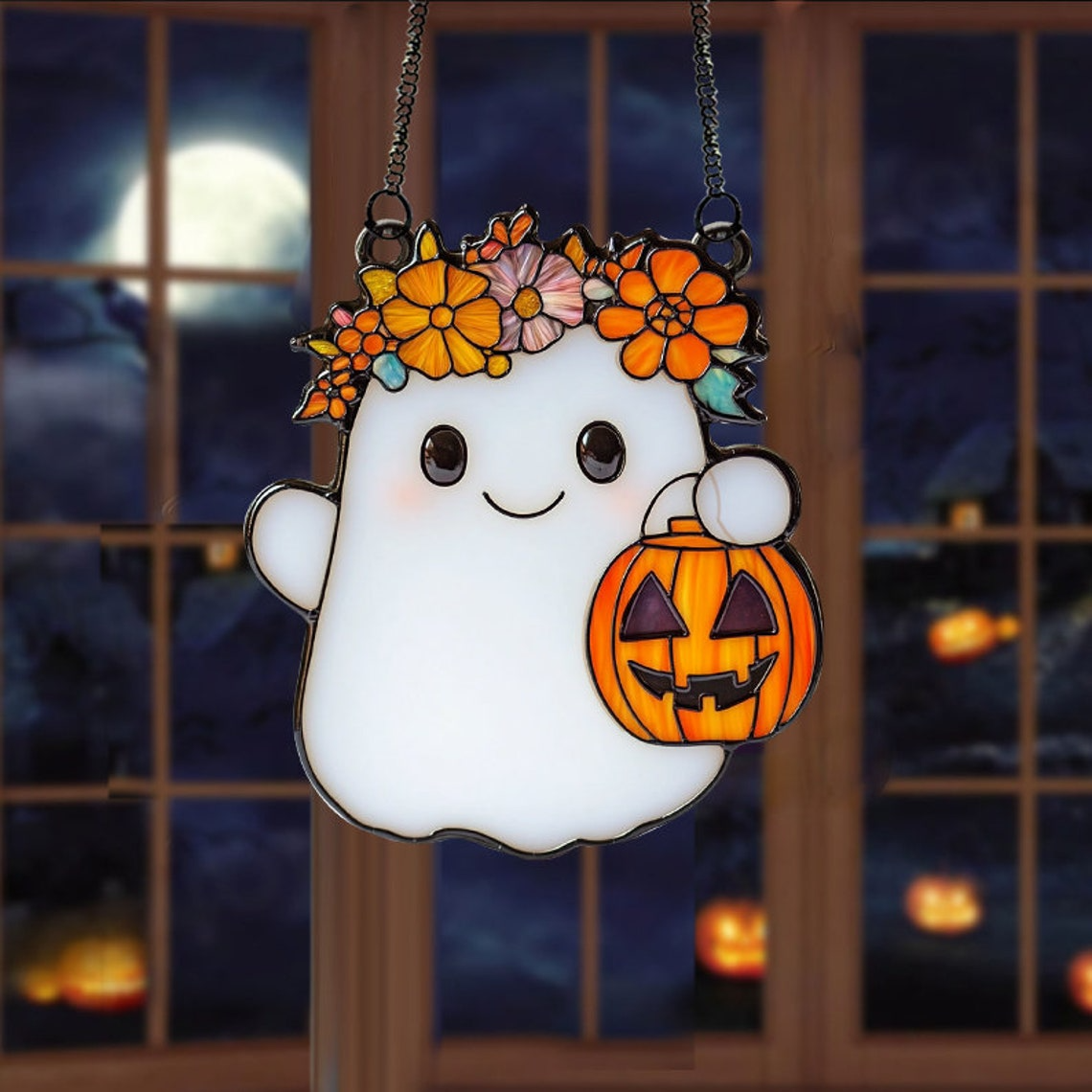 Cute Ghost With Floral Crown Suncatcher, Halloween Ghost Hanging Ornament Decor