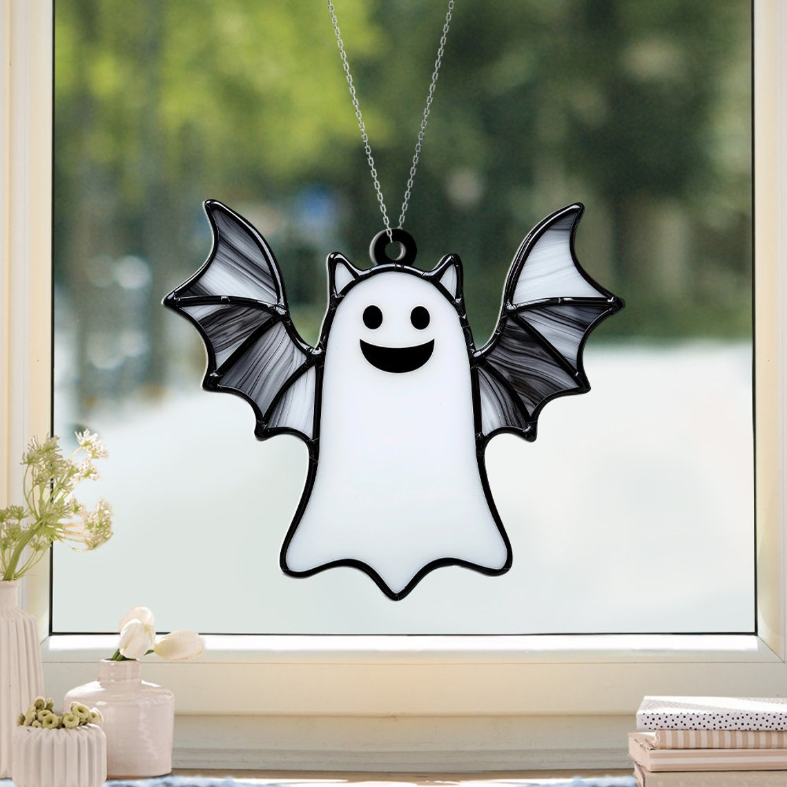 Ghost Bat Flying Halloween Window Suncatcher Decor, Halloween Bat Boo Ornament