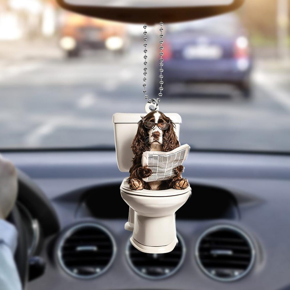 English Springer Spaniel Dog Sit On Toilet Ornament, Dog Car Ornament Christmas Decor Gift