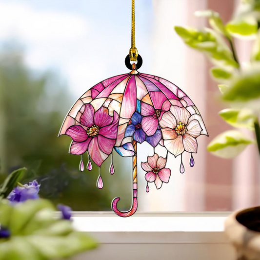 Classic Floral Umbrella Suncatcher Ornament, Floral Umbrella Hanging Decor Ornament