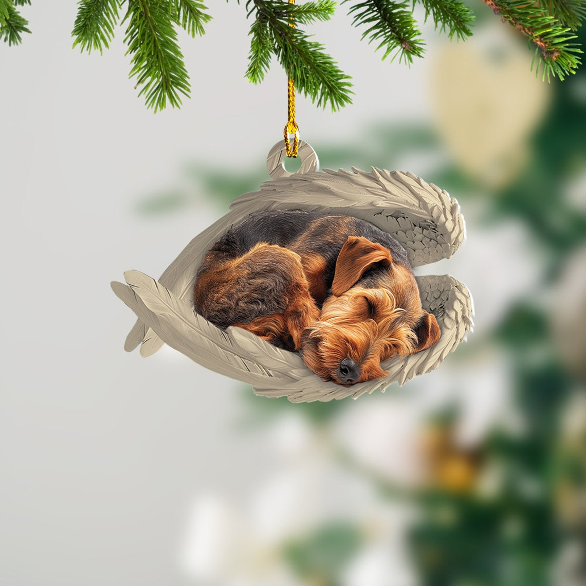 Airedale Terrier Dog Sleeping Angel Wings Ornament, Christmas Terrier Dog Car Hanging Ornament