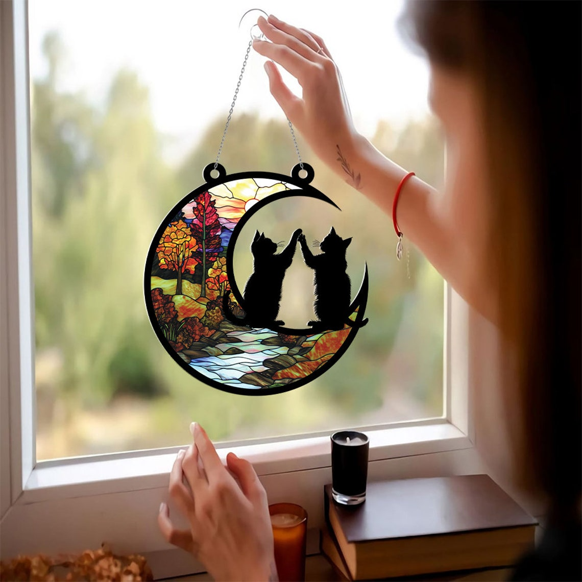 Cats Playing on Moon Suncatcher, Cats Playing on Moon Hanging Ornament Decor Gift