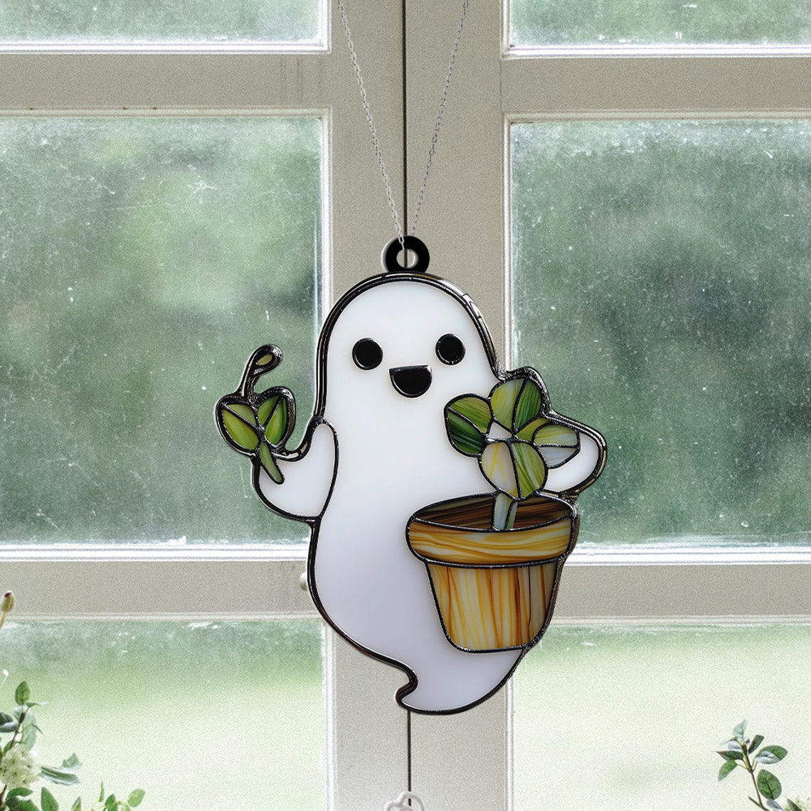 Ghost Plant Tree Window Suncatcher Ornament, Cute Ghost Gardening Ornament Decor