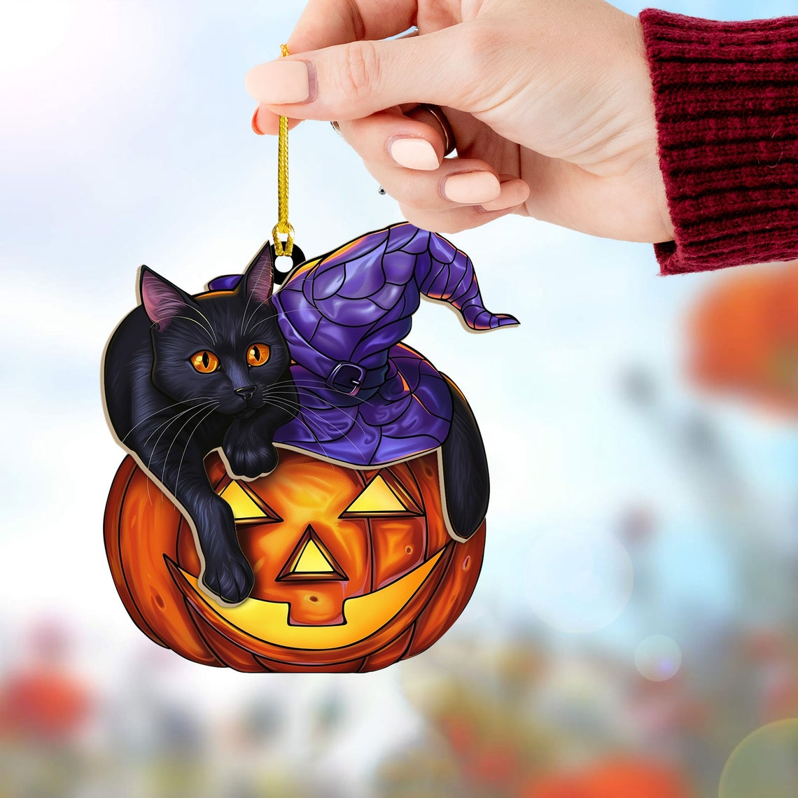 Cat Pumpkin Hat Witchy Suncatcher Ornament, Halloween Cat Pumpkin Ornament