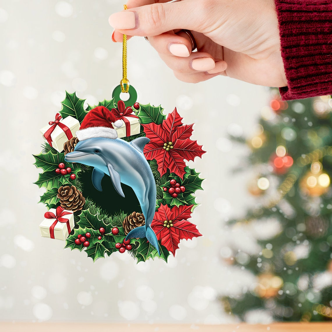 Cute Dolphin Christmas Wreath Ornament, Ornament Christmas Dolphin Hanging Decor Gift