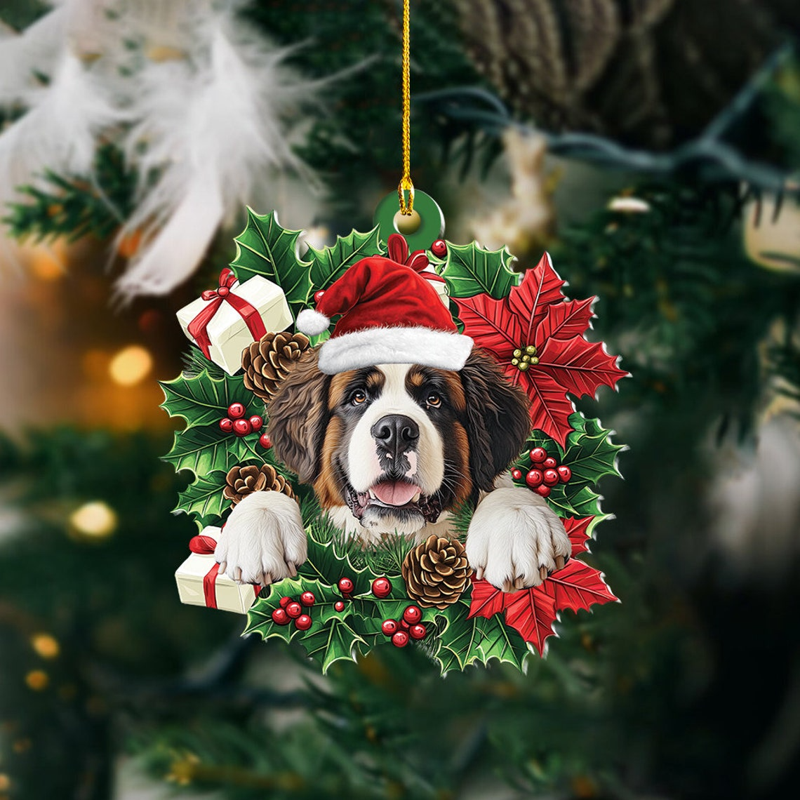 St. Bernard Dog Christmas Wreath Ornament, Cute Saint Bernard Dog Christmas Ornament Decor