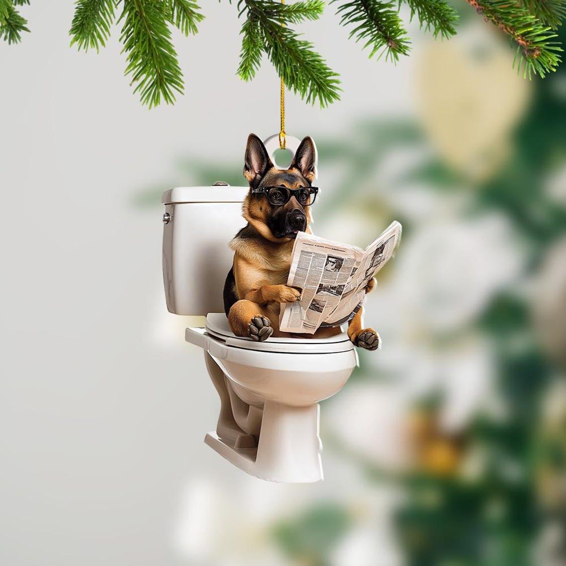 Belgian Malinois Dog Sitting On Toilet Ornament, Funny Dog Reading Newspaper Ornament