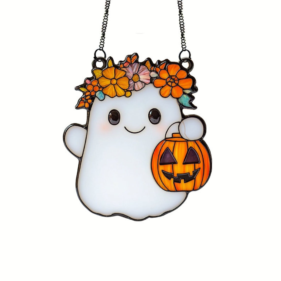 Cute Ghost With Floral Crown Suncatcher, Halloween Ghost Hanging Ornament Decor