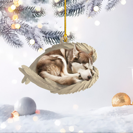 Siberian Husky Dog Sleeping Angel Wings Ornament, Cute Husky Dog Car Christmas Ornament Gift