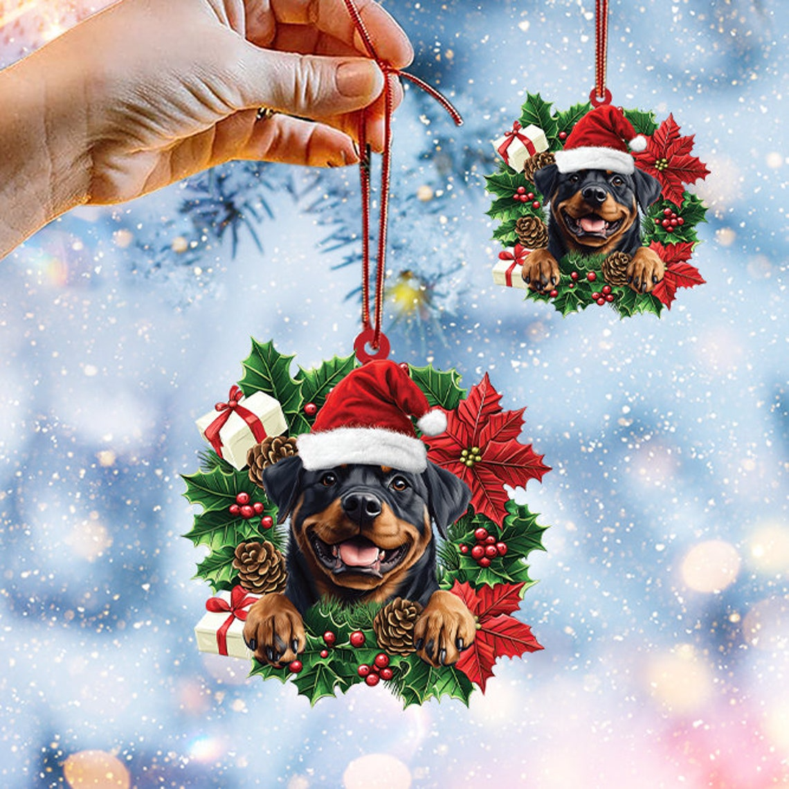 Rottweiler Dog Christmas Wreath Ornament, Ornament Rottweiler Dog Christmas Decor Gift