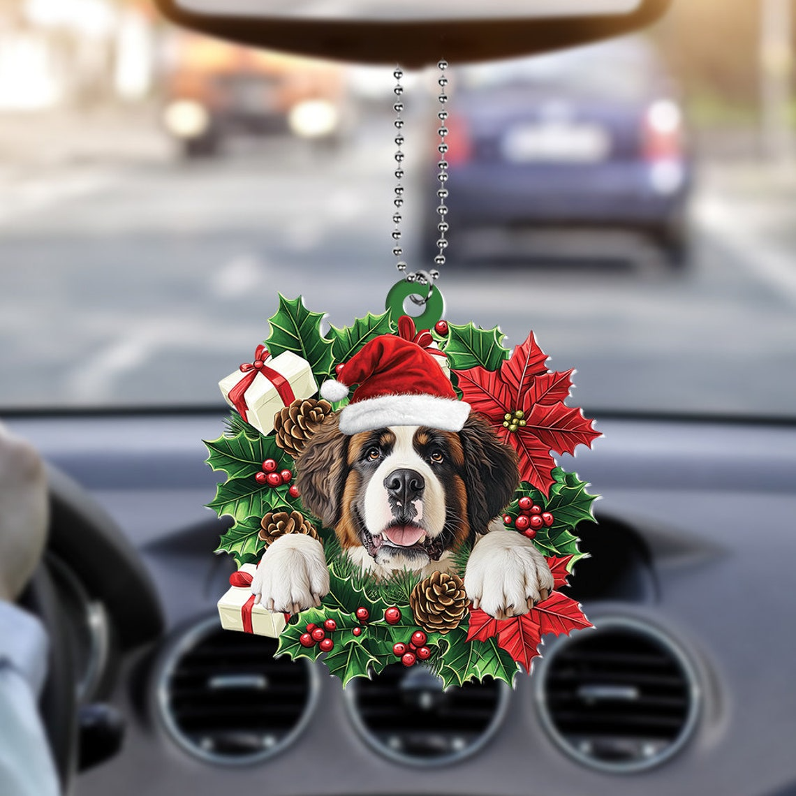 St. Bernard Dog Christmas Wreath Ornament, Cute Saint Bernard Dog Christmas Ornament Decor