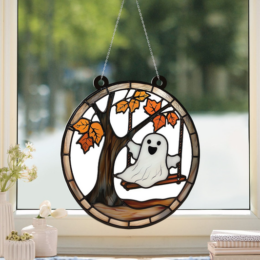 Ghost Playing below Tree Fall Halloween Suncatcher, Halloween Ghost Hanging Ornament