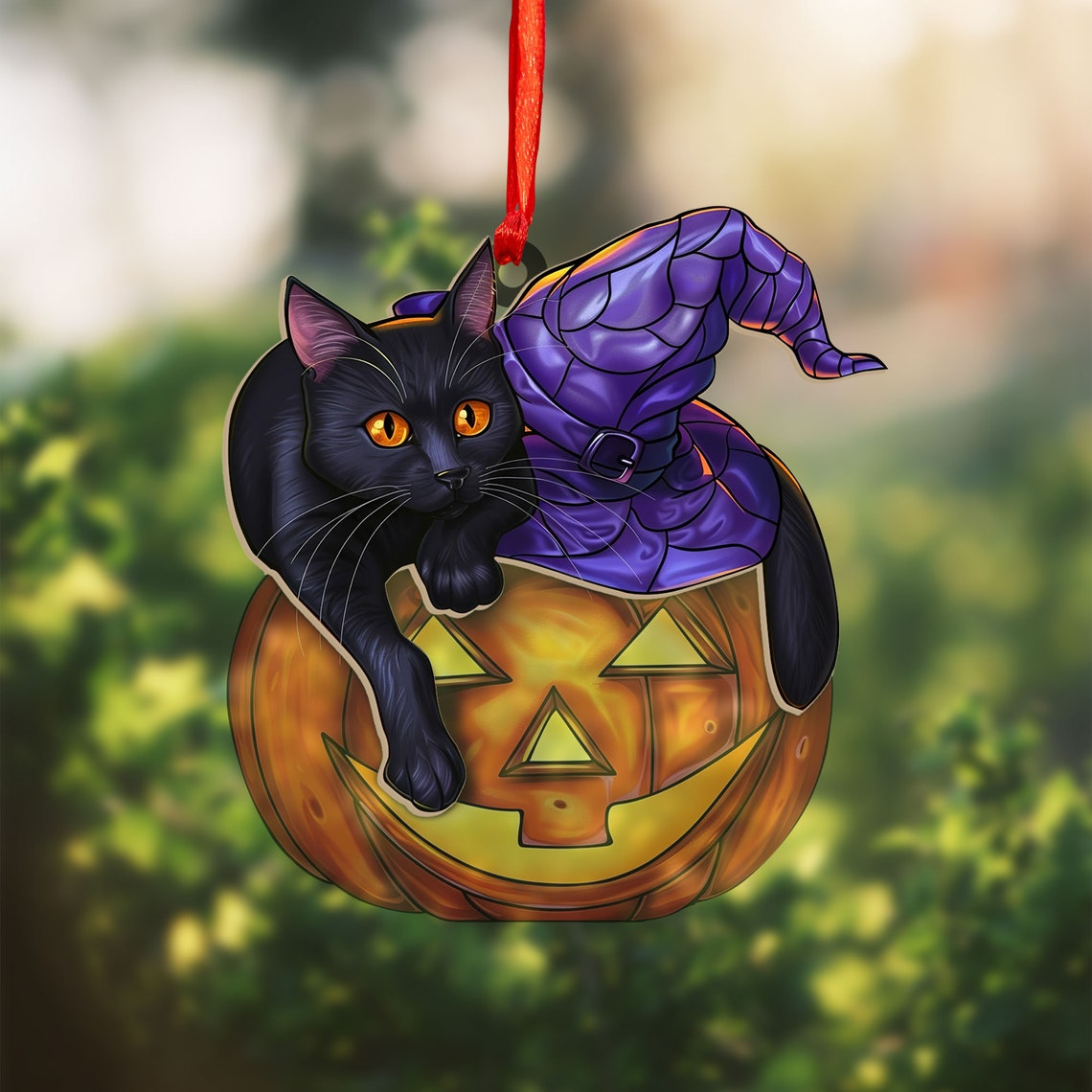 Cat Pumpkin Hat Witchy Suncatcher Ornament, Halloween Cat Pumpkin Ornament